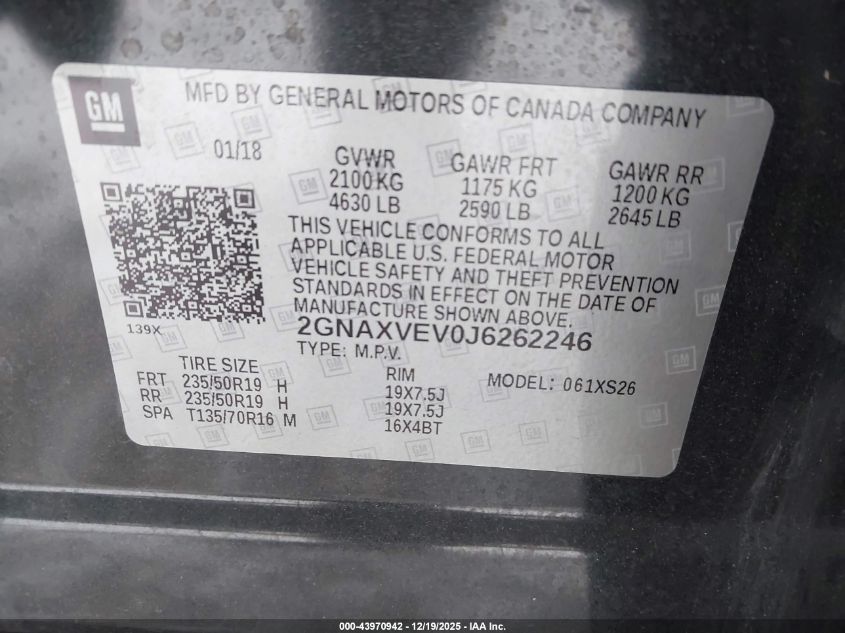 2018 Chevrolet Equinox Premier VIN: 2GNAXVEV0J6262246 Lot: 43970942