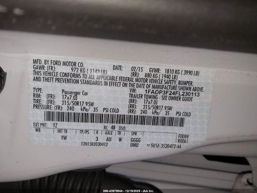 2015 Ford Focus Se VIN: 1FADP3F24FL230113 Lot: 43970944