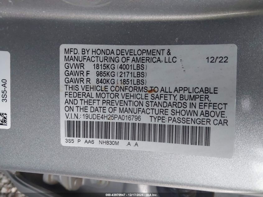 2023 Acura Integra VIN: 19UDE4H25PA016796 Lot: 43970947