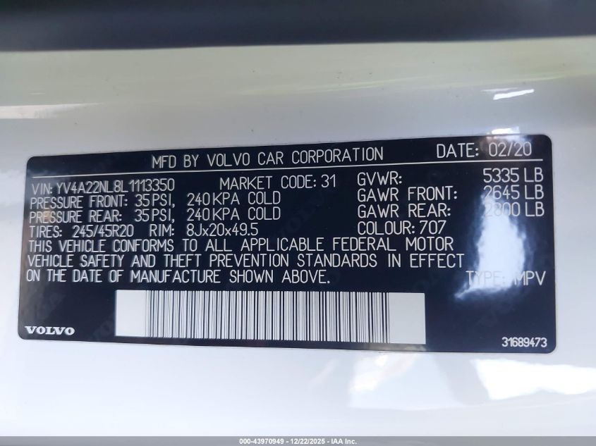 2020 Volvo V90 Cross Country T6 VIN: YV4A22NL8L1113350 Lot: 43970949