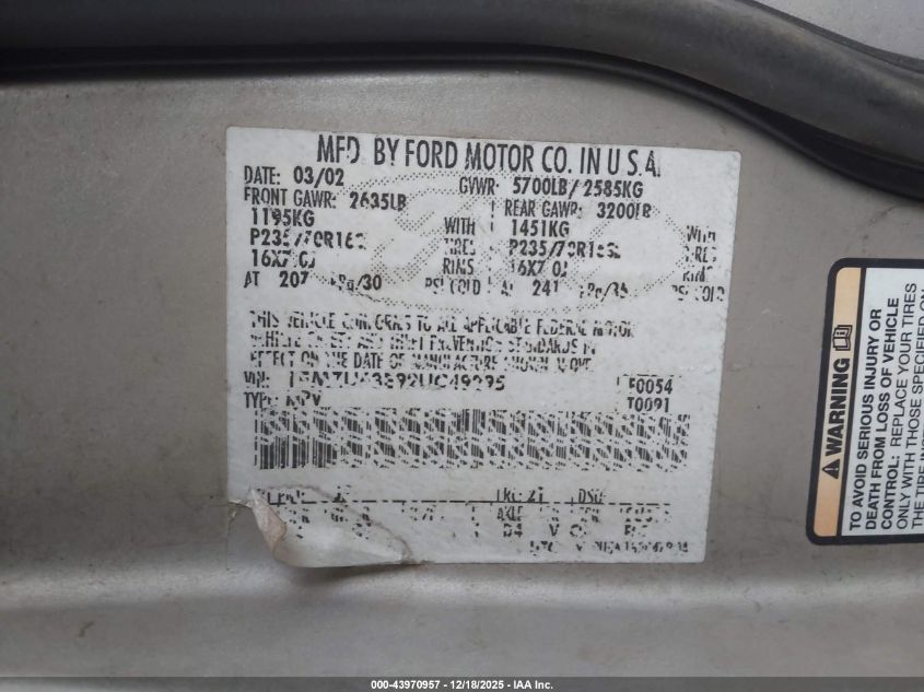 2002 Ford Explorer Xlt VIN: 1FMZU63E92UC49295 Lot: 43970957