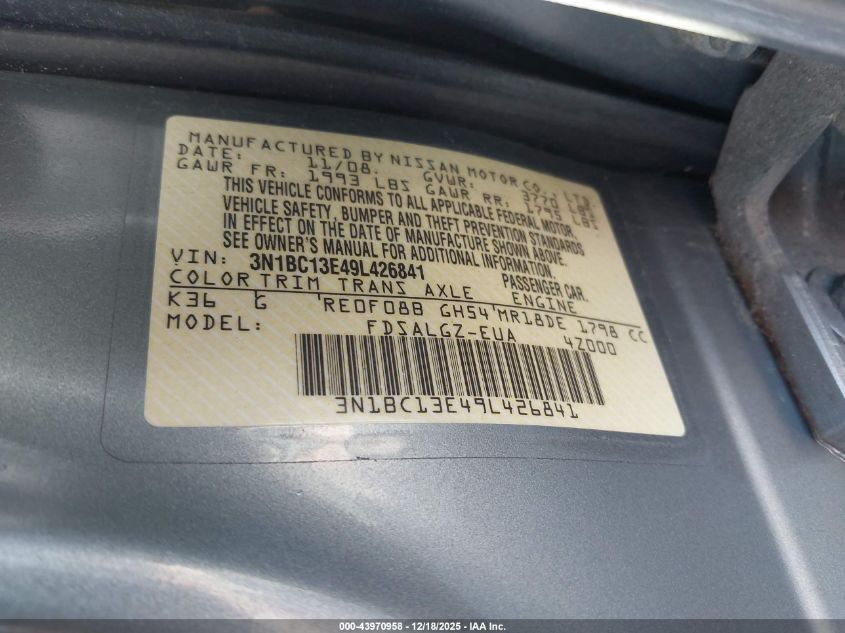 2009 Nissan Versa 1.8Sl VIN: 3N1BC13E49L426841 Lot: 43970958