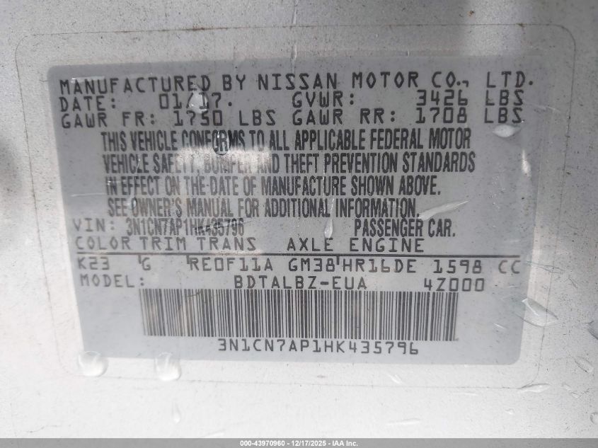 2017 Nissan Versa 1.6 Sv VIN: 3N1CN7AP1HK435796 Lot: 43970960