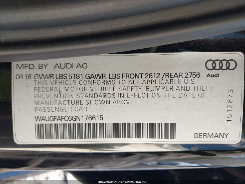 2016 Audi A6 2.0T Premium Plus VIN: WAUGFAFC6GN176615 Lot: 43970961