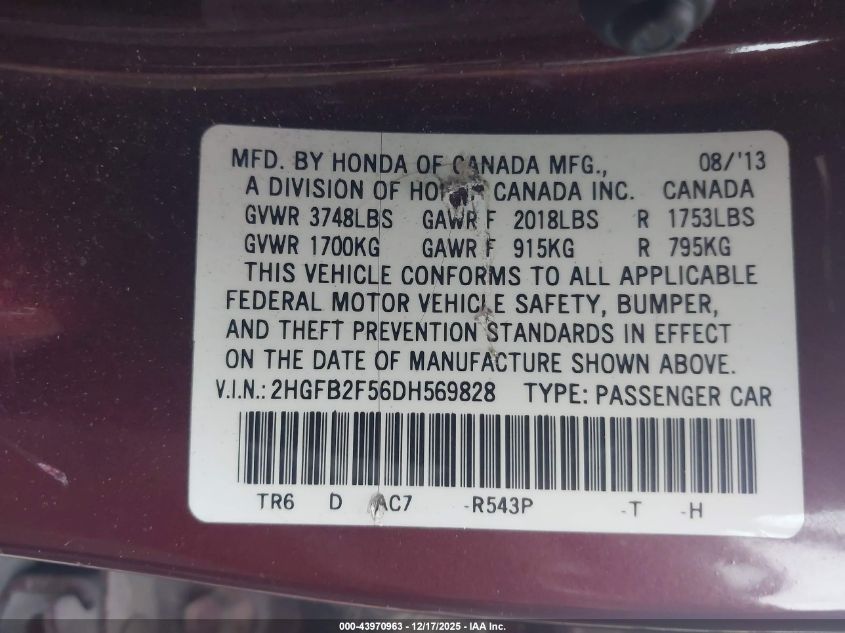 2013 Honda Civic Lx VIN: 2HGFB2F56DH569828 Lot: 43970963