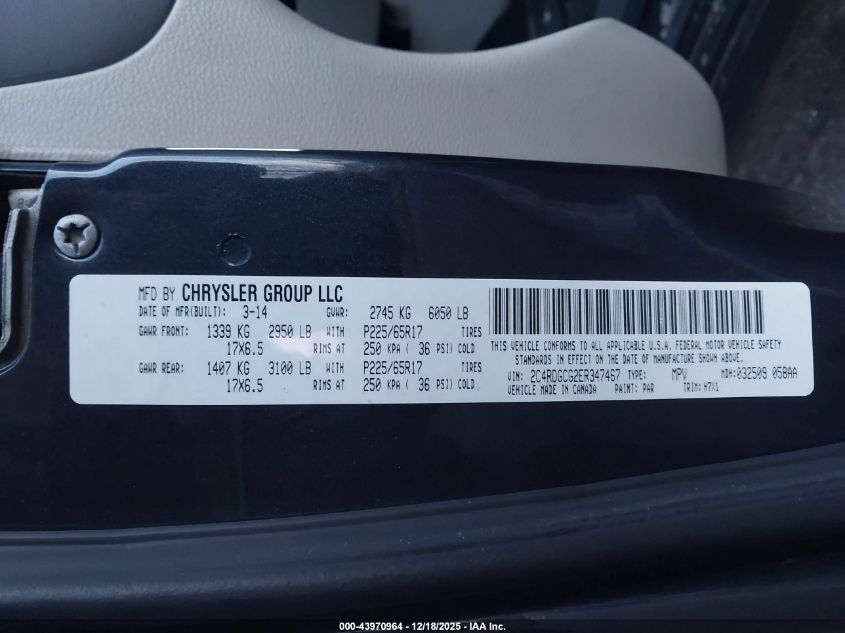 2014 Dodge Grand Caravan Sxt VIN: 2C4RDGCG2ER347467 Lot: 43970964