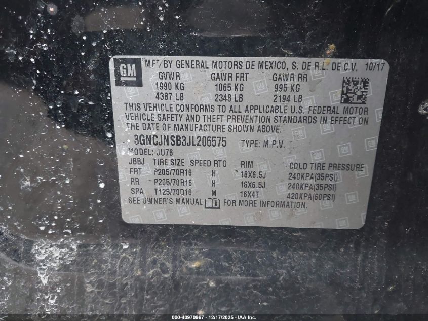 2018 Chevrolet Trax Ls VIN: 3GNCJNSB3JL206575 Lot: 43970967