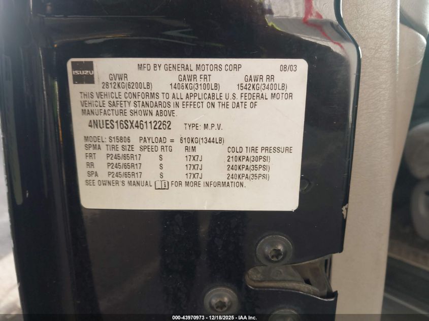 2004 Isuzu Ascender S VIN: 4NUES16SX46112262 Lot: 43970973