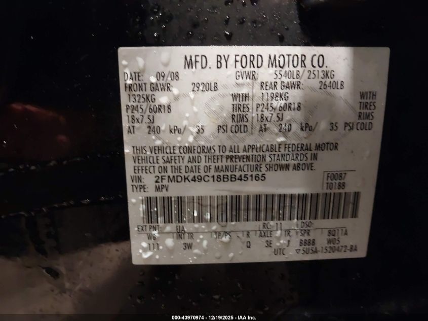 2008 Ford Edge Limited VIN: 2FMDK49C18BB45165 Lot: 43970974