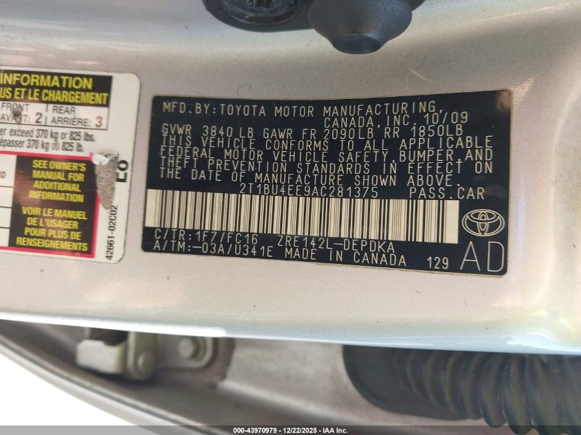 2010 Toyota Corolla Le VIN: 2T1BU4EE9AC281375 Lot: 43970979