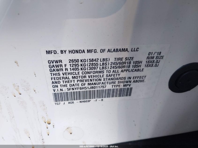 2018 Honda Pilot Ex-L VIN: 5FNYF6H51JB011757 Lot: 43970980