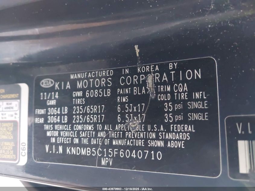 2015 Kia Sedona Lx VIN: KNDMB5C15F6040710 Lot: 43970983