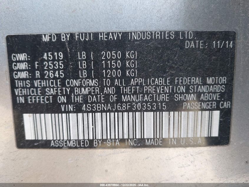2015 Subaru Legacy 2.5I Limited VIN: 4S3BNAJ68F3035315 Lot: 43970984
