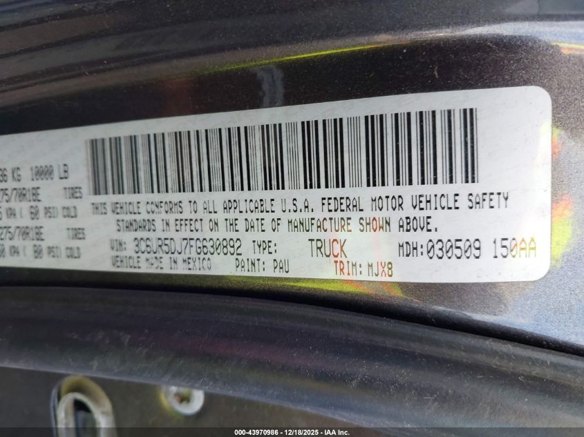 2015 Ram 2500 Outdoorsman VIN: 3C6UR5DJ7FG630892 Lot: 43970986