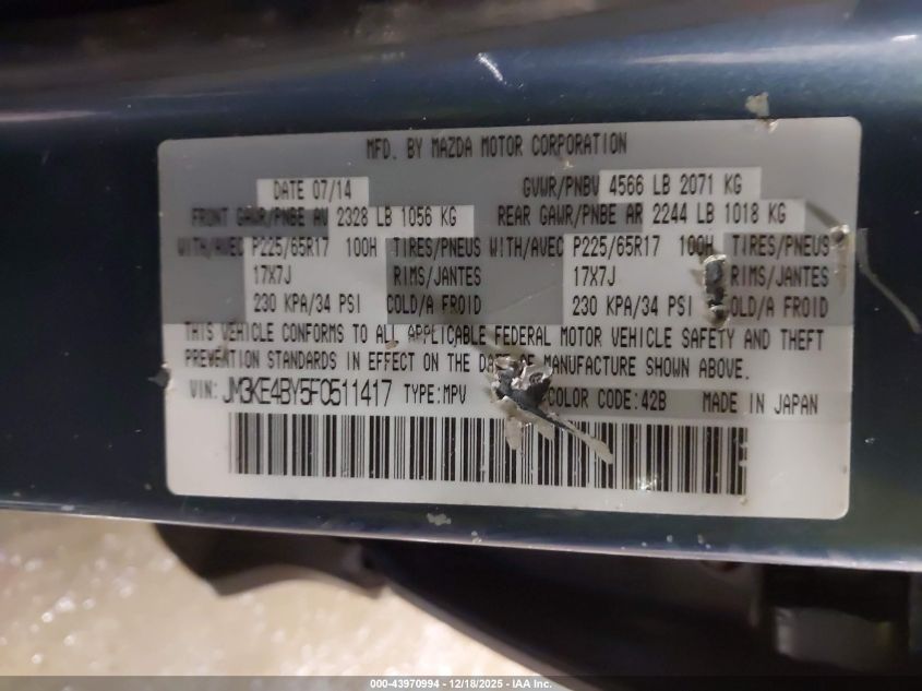 2015 Mazda Cx-5 Sport VIN: JM3KE4BY5F0511417 Lot: 43970994