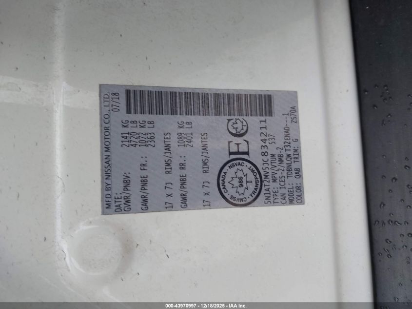 2018 Nissan Rogue S/Sl/Sv VIN: 5N1AT2MV5JC834211 Lot: 43970997