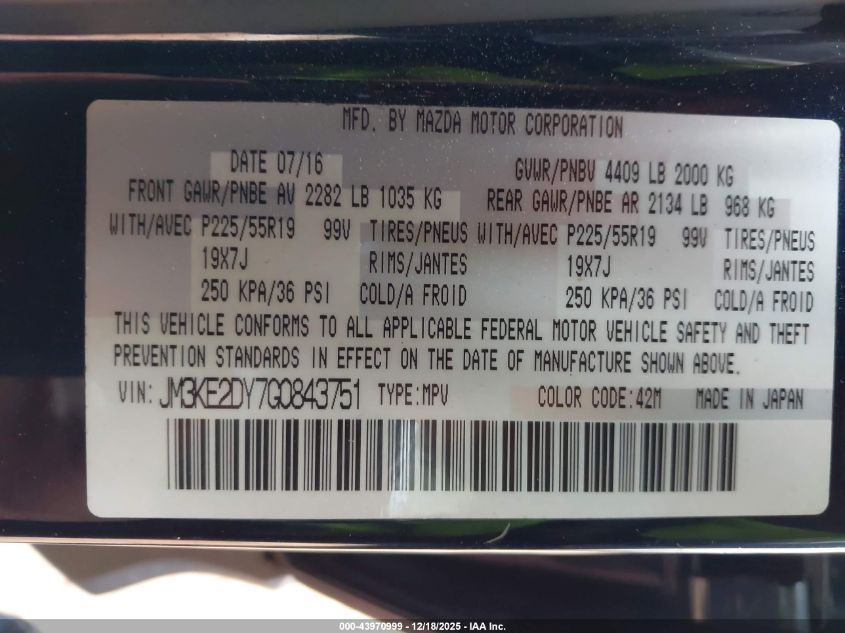 2016 Mazda Cx-5 Grand Touring VIN: JM3KE2DY7G0843751 Lot: 43970999