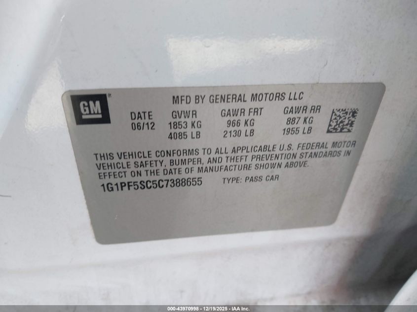 2012 Chevrolet Cruze 1Lt VIN: 1G1PF5SC5C7388655 Lot: 43970998