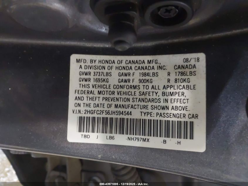 2018 Honda Civic Lx VIN: 2HGFC2F56JH594544 Lot: 43971005