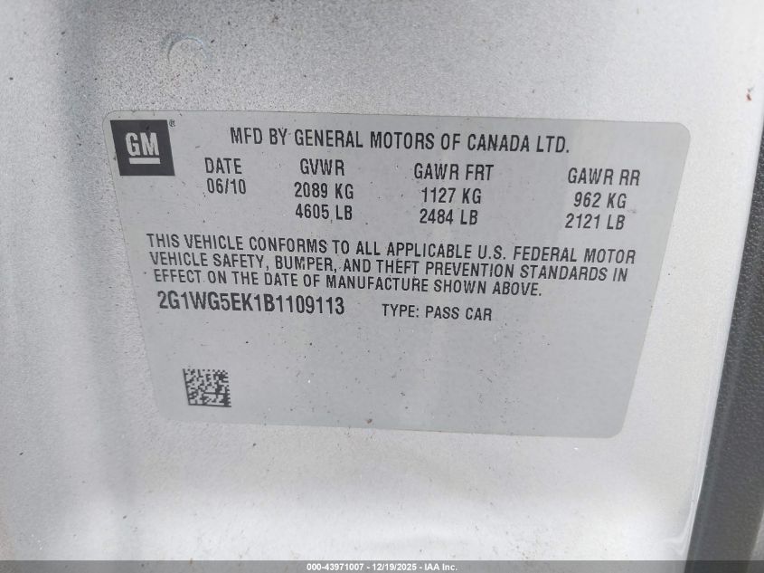 2011 Chevrolet Impala Lt VIN: 2G1WG5EK1B1109113 Lot: 43971007