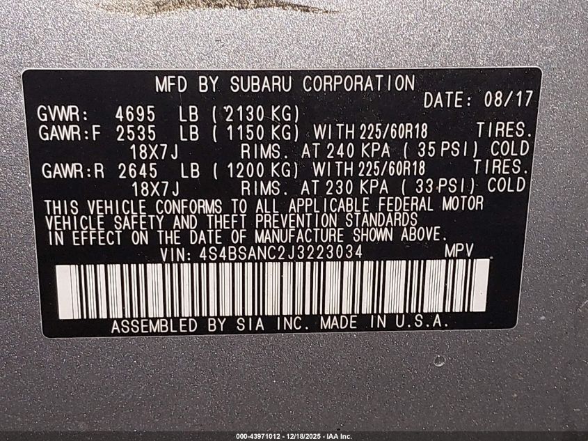 2018 Subaru Outback 2.5I Limited VIN: 4S4BSANC2J3223034 Lot: 43971012