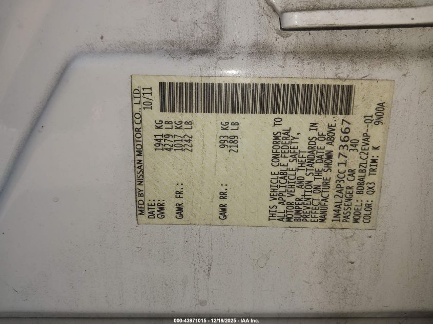 2012 Nissan Altima 2.5 S VIN: 1N4AL2AP3CC173667 Lot: 43971015