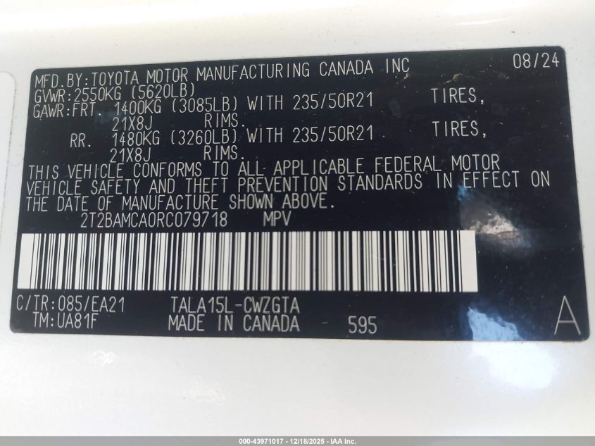 2024 Lexus Rx 350 Premium VIN: 2T2BAMCA0RC079718 Lot: 43971017