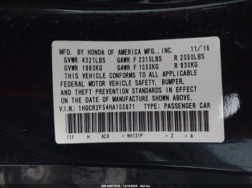 2017 Honda Accord Sport VIN: 1HGCR2F54HA100871 Lot: 43971018