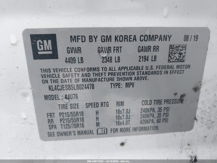 2020 Buick Encore Awd Preferred VIN: KL4CJESB5LB024478 Lot: 43971020