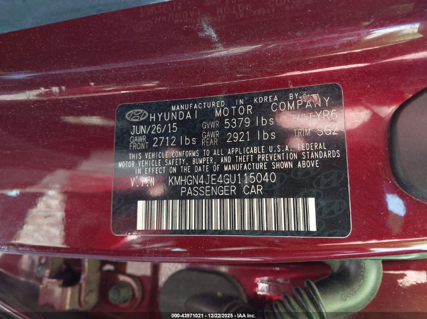 2016 Hyundai Genesis 3.8 VIN: KMHGN4JE4GU115040 Lot: 43971021