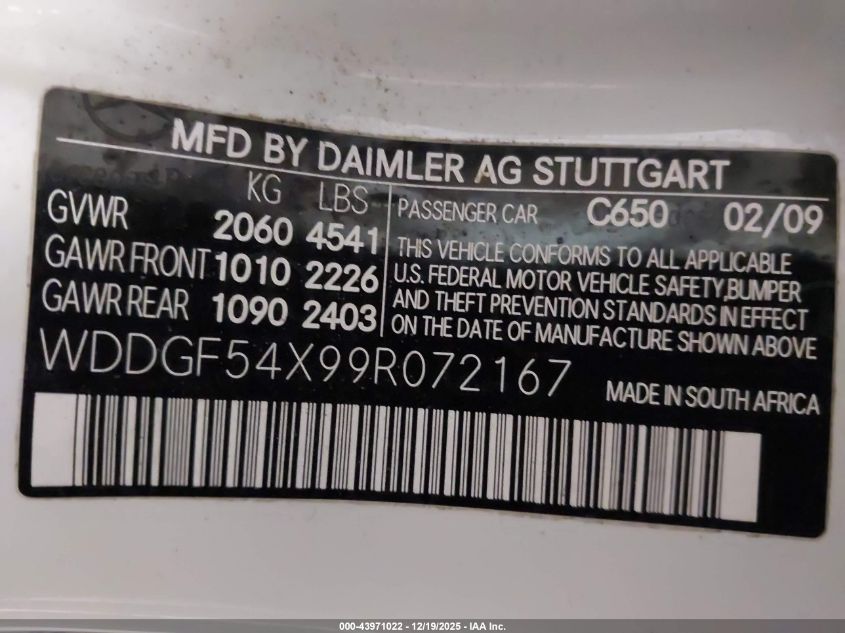 2009 Mercedes-Benz C 300 Luxury/Sport VIN: WDDGF54X99R072167 Lot: 43971022