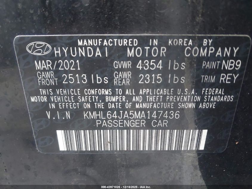 2021 Hyundai Sonata Sel VIN: KMHL64JA5MA147436 Lot: 43971028