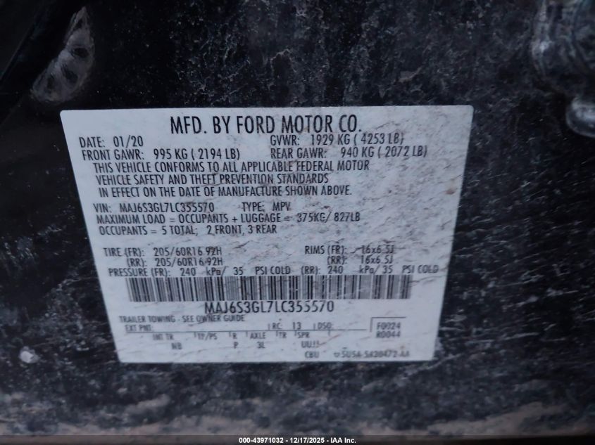 2020 Ford Ecosport Se VIN: MAJ6S3GL7LC355570 Lot: 43971032