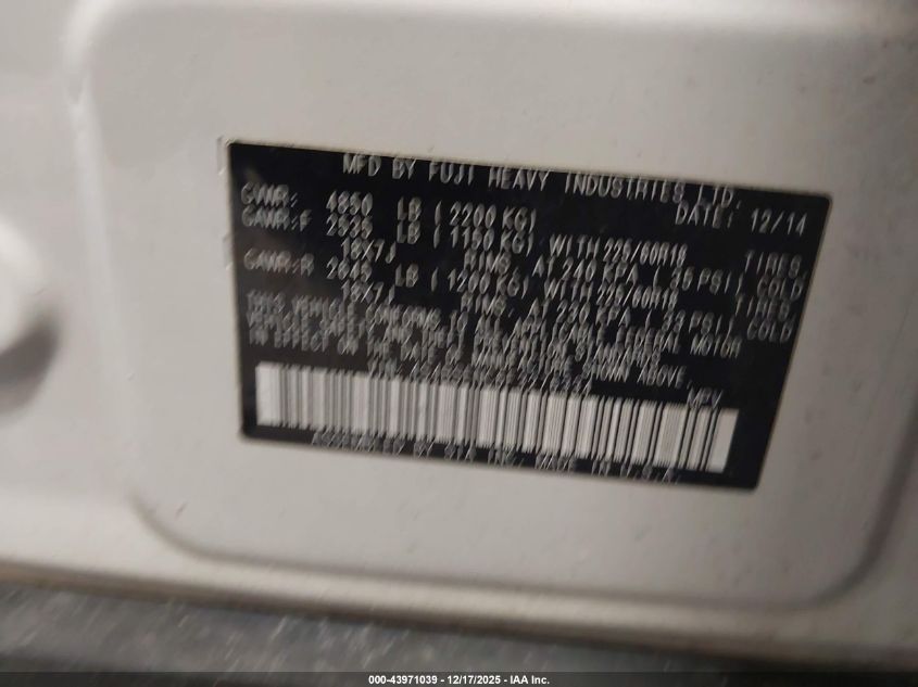 2015 Subaru Outback 3.6R Limited VIN: 4S4BSENC6F3276334 Lot: 43971039