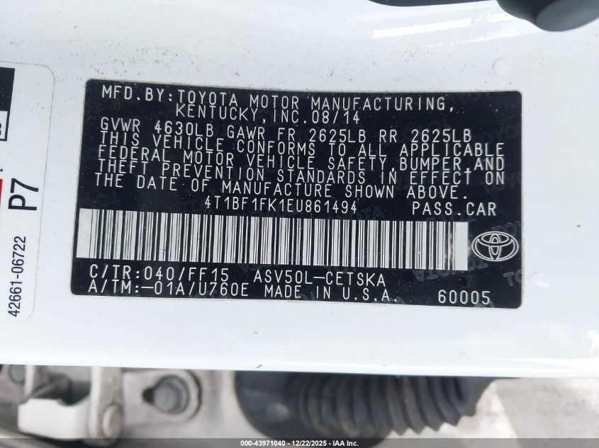 2014 Toyota Camry Se VIN: 4T1BF1FK1EU861494 Lot: 43971040