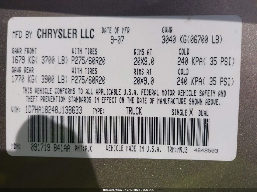 2008 Dodge Ram 1500 Slt VIN: 1D7HA18248J138633 Lot: 43971047