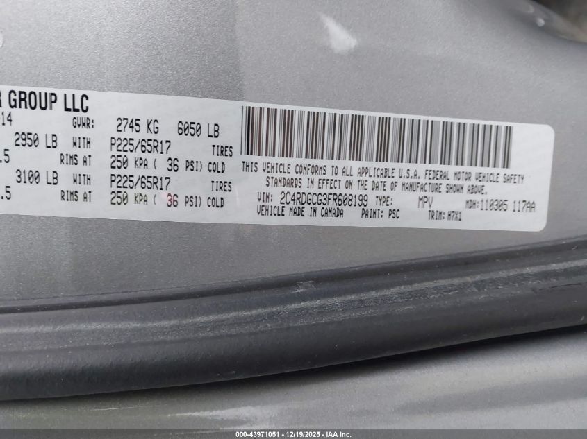 2015 Dodge Grand Caravan Sxt VIN: 2C4RDGCG3FR608199 Lot: 43971051