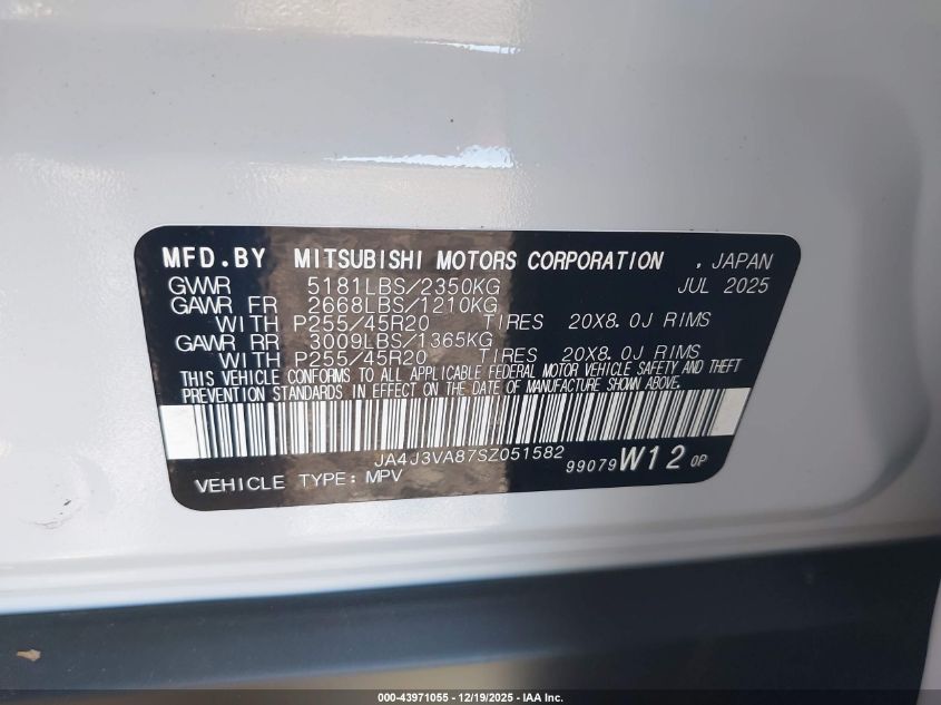 2025 Mitsubishi Outlander Se 2.5 2Wd VIN: JA4J3VA87SZ051582 Lot: 43971055