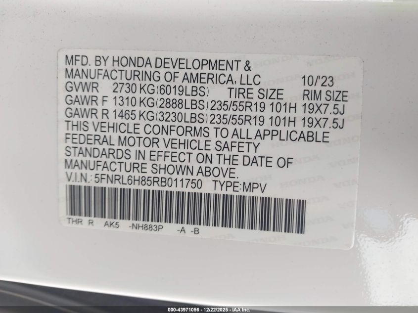 2024 Honda Odyssey Touring VIN: 5FNRL6H85RB011750 Lot: 43971056
