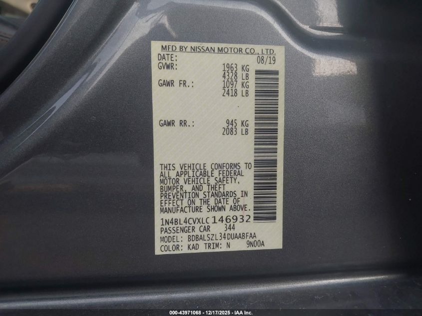 2020 Nissan Altima Sr Fwd VIN: 1N4BL4CVXLC146932 Lot: 43971068