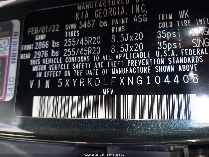 2022 Kia Sorento X-Line Sx Prestige VIN: 5XYRKDLFXNG104408 Lot: 43971071