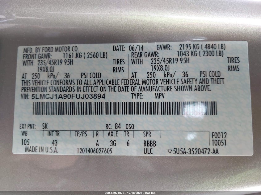 5LMCJ1A90FUJ03894 2015 LINCOLN MKC photo no. 9