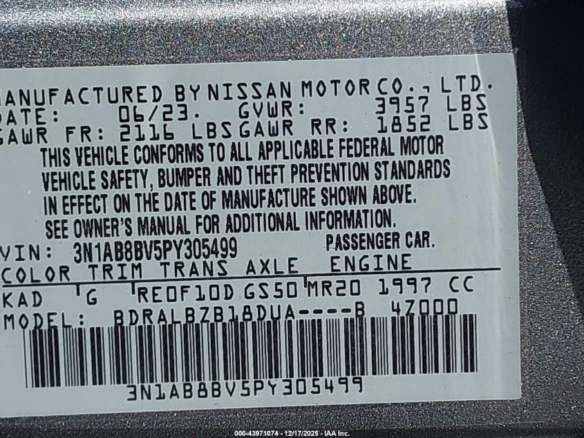2023 Nissan Sentra S Xtronic Cvt VIN: 3N1AB8BV5PY305499 Lot: 43971074