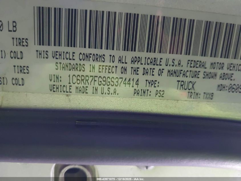2016 Ram 1500 Tradesman VIN: 1C6RR7FG9GS374414 Lot: 43971075