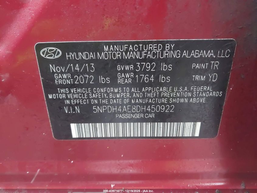 2013 Hyundai Elantra Gls VIN: 5NPDH4AE8DH450922 Lot: 43971077