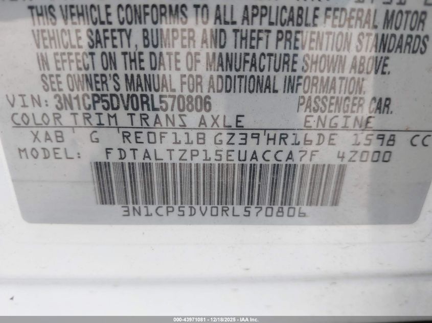 2024 Nissan Kicks Sr Xtronic Cvt VIN: 3N1CP5DV0RL570806 Lot: 43971081