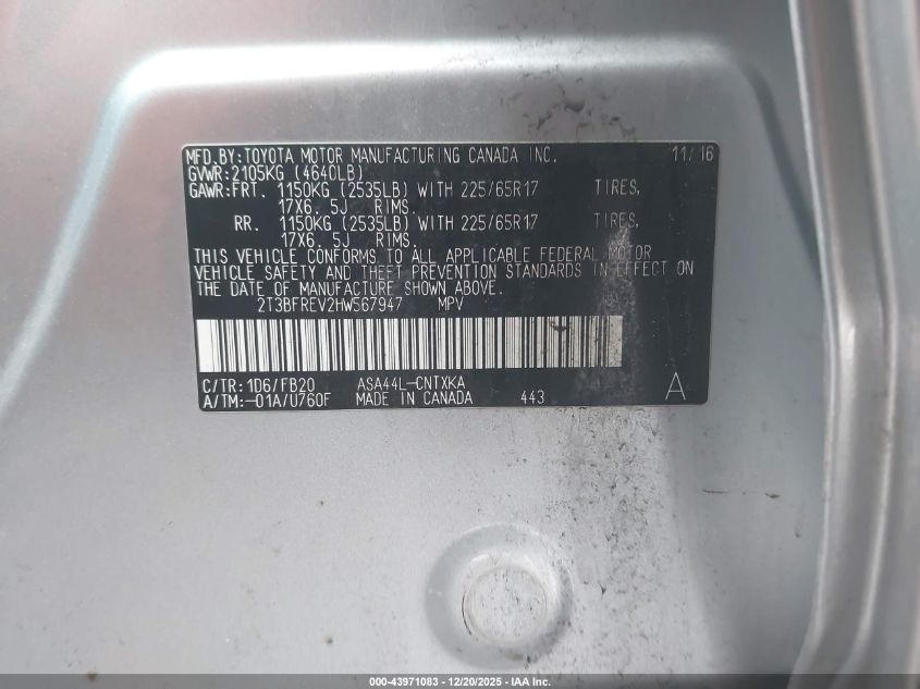 2017 Toyota Rav4 Le VIN: 2T3BFREV2HW567947 Lot: 43971083