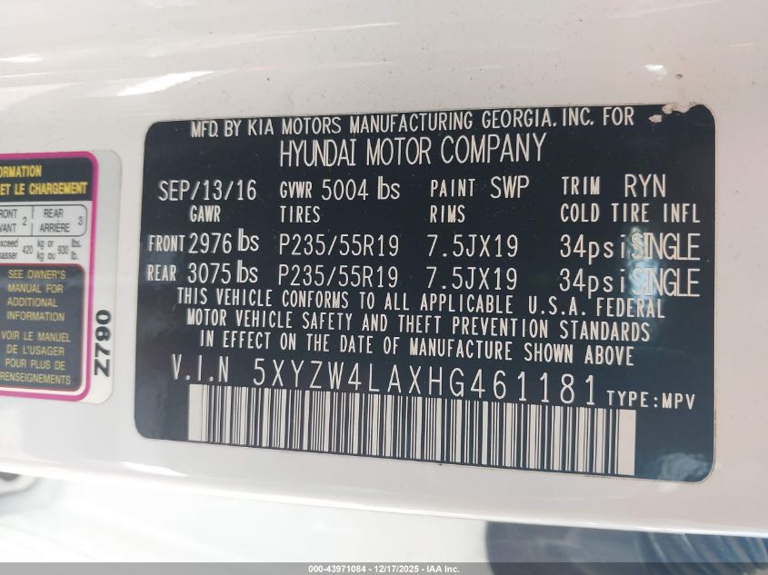 2017 Hyundai Santa Fe Sport 2.0T Ultimate VIN: 5XYZW4LAXHG461181 Lot: 43971084