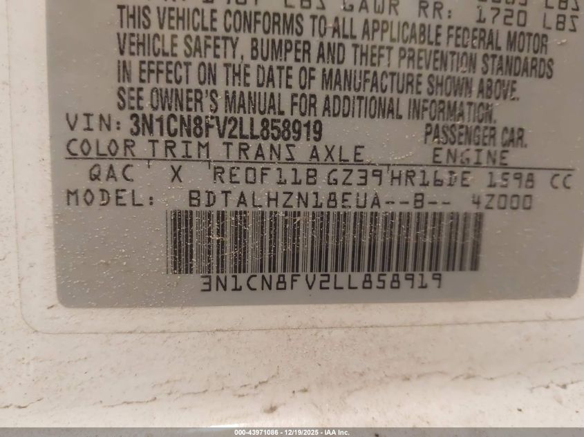 2020 Nissan Versa Sr Xtronic Cvt VIN: 3N1CN8FV2LL858919 Lot: 43971086