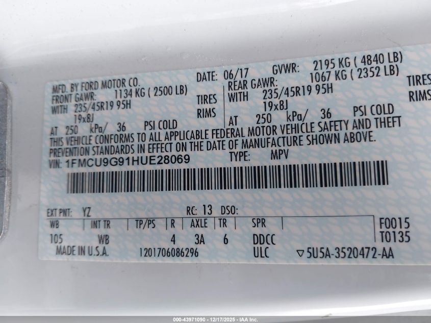 2017 Ford Escape Se VIN: 1FMCU9G91HUE28069 Lot: 43971090